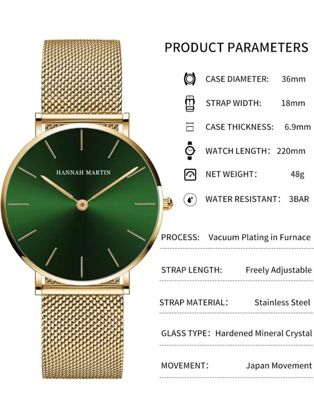 Women's Gold Green Analog Stainless Steel Mesh Strap Minimalist Slim Dial Watch - Picture 5 of 6